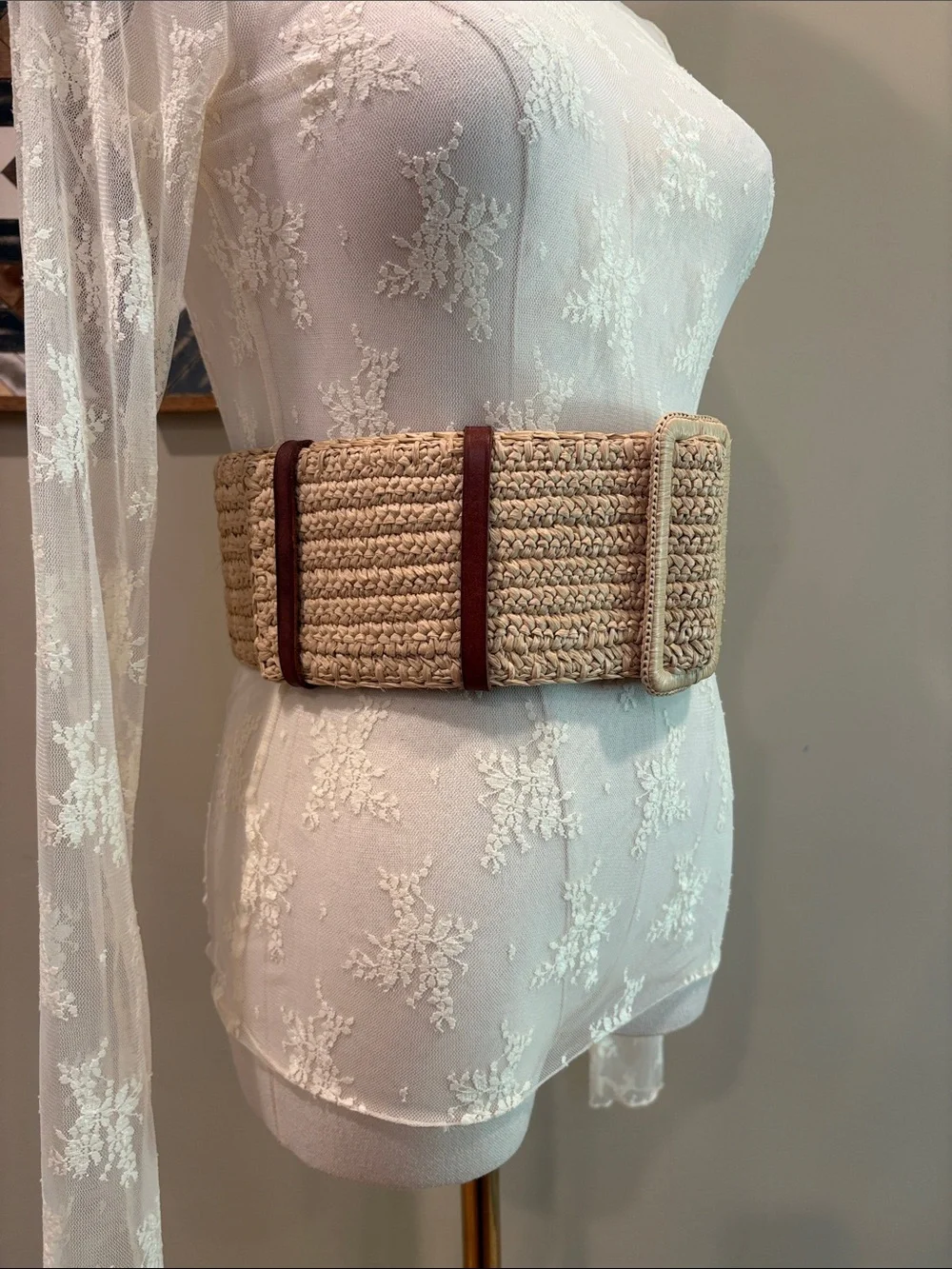 Polo Ralph Lauren Reversible Faux-Raffia Wide Leather Stitch Corset Belt Small